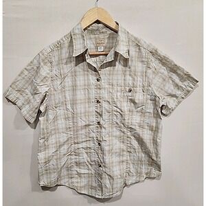 C.C. Filson Co. Plaid Shirt Womens XL Beige/Blue/Tan, Short Sleeve Button-up